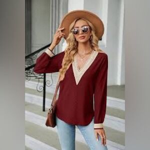 Moonshell Blouse Orange Long Sleeve V-Neck Lace Trim Top XXL